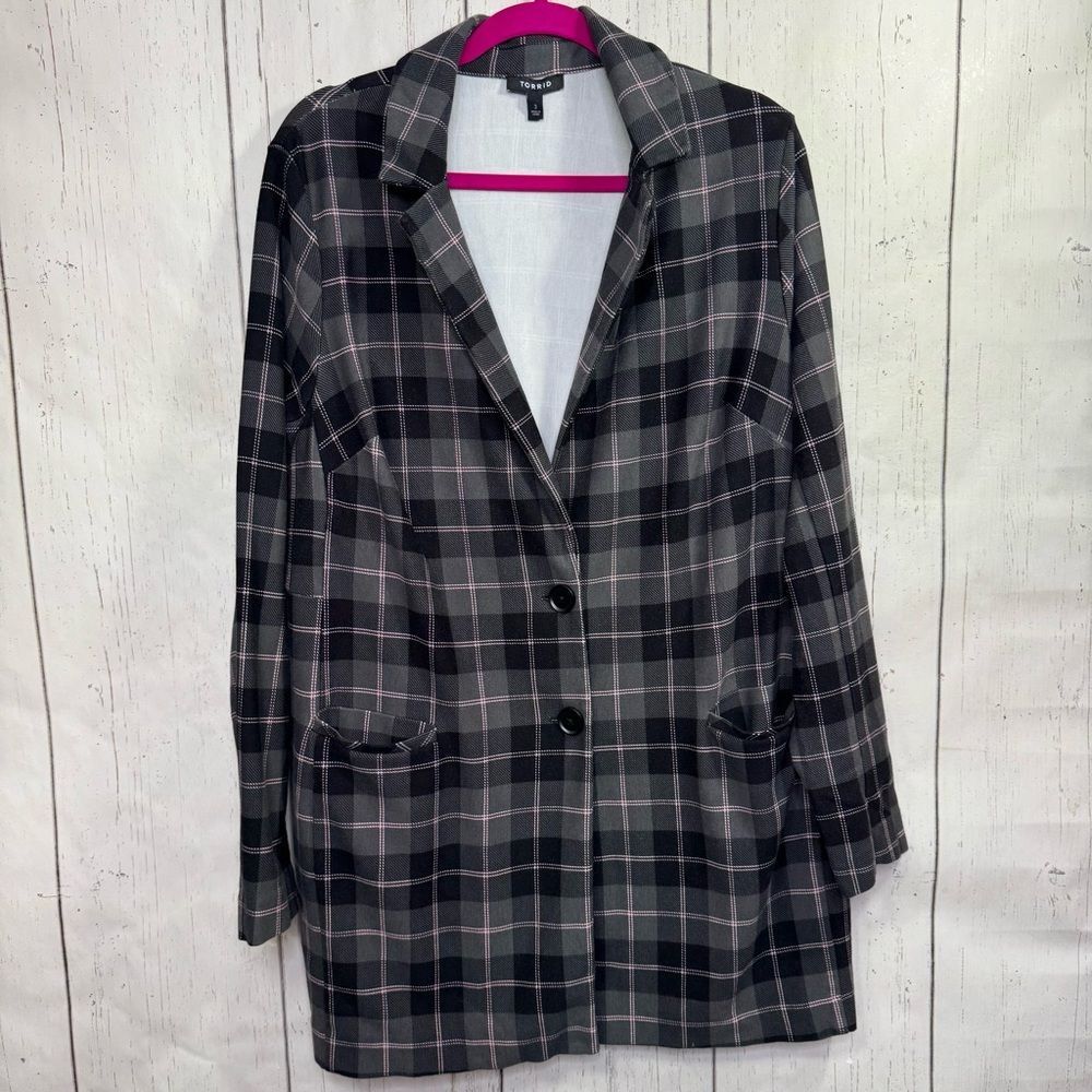 Torrid Plaid Longline Blazer Jacket Gray Pink Check Plus Size 3X Office Chic